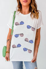 White Sequin American Flag SunGlasses Round Neck Short Sleeve T-Shirt