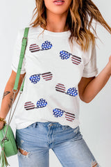 White Sequin American Flag SunGlasses Round Neck Short Sleeve T-Shirt