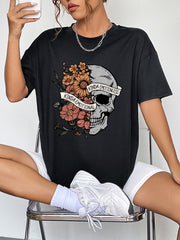 Women’s Round Neck Short Sleeve T-Shirt - Half Flowers & Half Skull Graphic