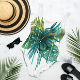 Green Floral Design One-Piece Swimsuit with a scoop neckline and a low scoop back