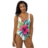Pink Floral Design One-Piece Swimsuit with scoop neckline and a low scoop back