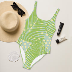 Tropical Green Palm One-Piece Swimsuit with Smooth Fabric