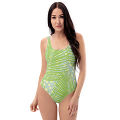 Tropical Green Palm One-Piece Swimsuit with Smooth Fabric