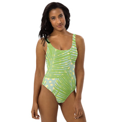 Tropical Green Palm One-Piece Swimsuit with Smooth Fabric
