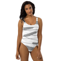 Gray Abstract Stripes One-Piece Swimsuit - with Scoop Neckline