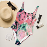 Pink Marble Pattern One-Piece Swimsuit - with Scoop Neckline