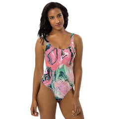 Pink Marble Pattern One-Piece Swimsuit - with Scoop Neckline