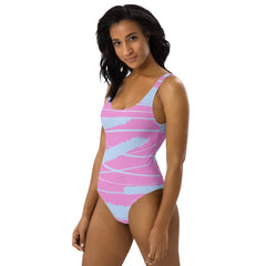 Abstract Lavender Pattern One-Piece Swimsuit with a scoop neckline