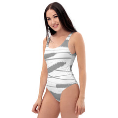 Gray Abstract Stripes One-Piece Swimsuit - with Scoop Neckline