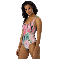 Pink Marble Pattern One-Piece Swimsuit - with Scoop Neckline