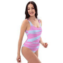 Abstract Lavender Pattern One-Piece Swimsuit with a scoop neckline