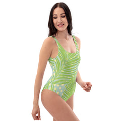 Tropical Green Palm One-Piece Swimsuit with Smooth Fabric