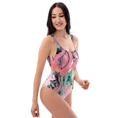 Pink Marble Pattern One-Piece Swimsuit - with Scoop Neckline
