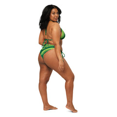 Green Stripes Abstract Pattern Recycled String Bikini: UPF 50+ Protection