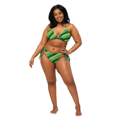 Green Stripes Abstract Pattern Recycled String Bikini: UPF 50+ Protection