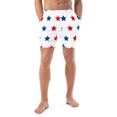 Red and Blue Stars Pattern Men’s Recycled Swim Trunks With Pockets