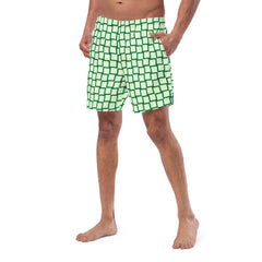 Green Squares Men’s Recycled Swim Trunks With Pockets
