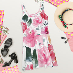 Pink Floral Sleeveless Skater Dress - flared skirt with Elastic waistline