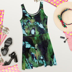 Watercolor Pattern Sleeveless Skater Dress: UPF50+, Elastic & Flared
