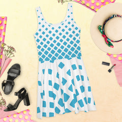 Sleeveless Skater Dress With Abstract Blue Tri Design