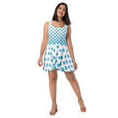 Sleeveless Skater Dress With Abstract Blue Tri Design