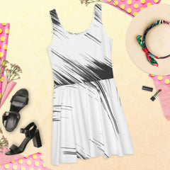 Sleeveless Skater Dress: Dazzle In Black and White Abstract Design