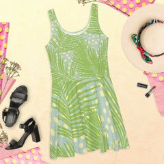 Sleeveless Skater Dress: Dazzle In Green Palm Dots Abstract Design