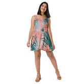 Palm Leaf & Floral Pattern Skater Dress - Polyester & Spandex Blend