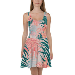 Palm Leaf & Floral Pattern Skater Dress - Polyester & Spandex Blend