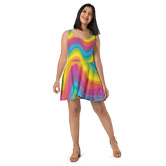 Vibrant Rainbow Print Sleeveless Skater Dress with Elastic Waistline