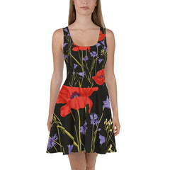 Black & Red Tropical Sleeveless Skater Dress: UPF50+, Elastic & Flared