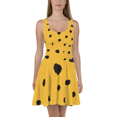 Mustard & Black Polka Dot Sleeveless Skater Dress: UPF50+, Elastic & Flared