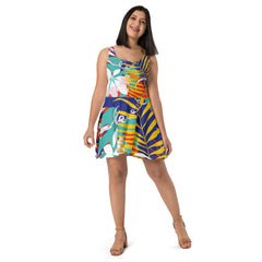 Festive Tropical Pattern Sleeveless Skater Dress: UPF50+, Elastic & Flared