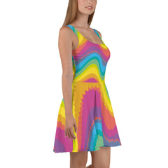 Vibrant Rainbow Print Sleeveless Skater Dress with Elastic Waistline