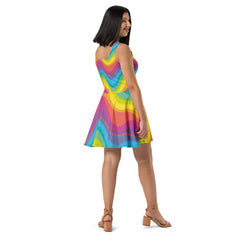 Vibrant Rainbow Print Sleeveless Skater Dress with Elastic Waistline