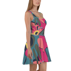 Colorful Floral Sleeveless Skater Dress: UPF50+, Elastic & Flared