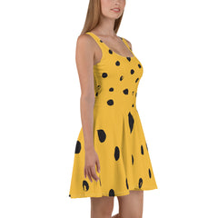 Mustard & Black Polka Dot Sleeveless Skater Dress: UPF50+, Elastic & Flared