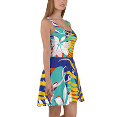 Festive Tropical Pattern Sleeveless Skater Dress: UPF50+, Elastic & Flared