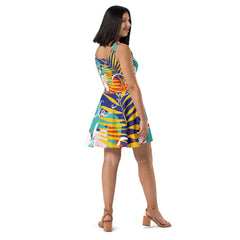 Festive Tropical Pattern Sleeveless Skater Dress: UPF50+, Elastic & Flared