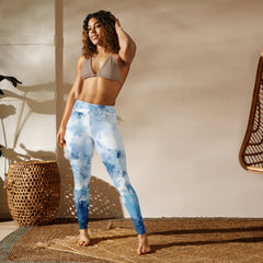 Premium Raised waistband Yoga Leggings With Watercolor Blue Light Pattern