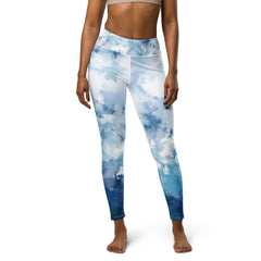 Premium Raised waistband Yoga Leggings With Watercolor Blue Light Pattern
