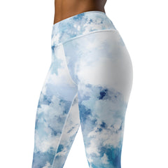 Premium Raised waistband Yoga Leggings With Watercolor Blue Light Pattern