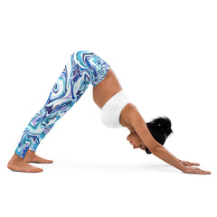 Premium Raised waistband Yoga Leggings With Marble Blue Pattern