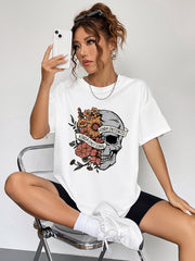 Women’s Round Neck Short Sleeve T-Shirt - Half Flowers & Half Skull Graphic