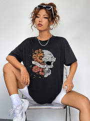 Women’s Round Neck Short Sleeve T-Shirt - Half Flowers & Half Skull Graphic