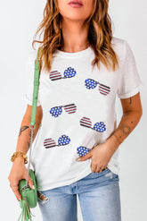 White Sequin American Flag SunGlasses Round Neck Short Sleeve T-Shirt