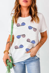 White Sequin American Flag SunGlasses Round Neck Short Sleeve T-Shirt