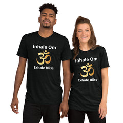 Short sleeve t-shirt - inspiring slogan: Inhale Om, Exhale Bliss