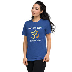 Short sleeve t-shirt - inspiring slogan: Inhale Om, Exhale Bliss