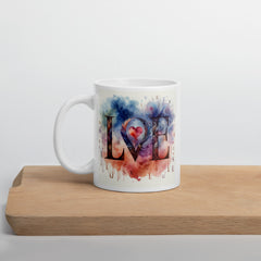 Watercolor LOVE Ceramic Mug – Heart & Feather Design